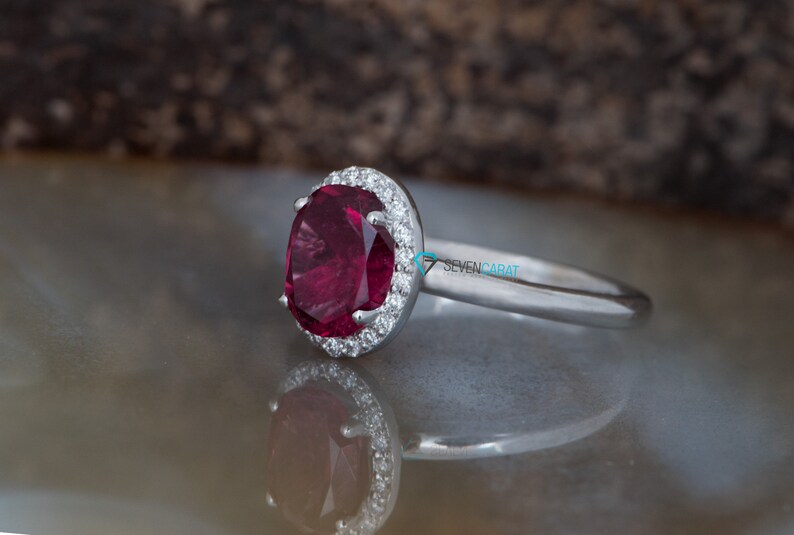 Minimalist Dainty Solid Gold Halo Oval Pink Tourmaline Engagement Ring