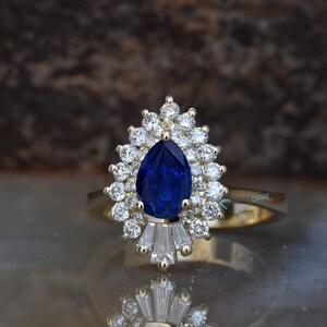 14k Gold Sapphire Ring, Gatsby Ring, Sunburst Ring, Ballerina Ring, Art Deco Diamond Jewelry, Sapphire Diamond Ring, Art Deco Sapphire Ring image 7