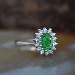 1 carat Green Emerald Engagement Ring-Diamond ring with Emerald-halo emerald ring-Oval cut engagement ring-Diana Ring-vintage emerald ring image 8