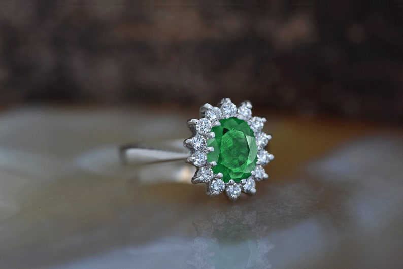 1 carat Green Emerald Engagement Ring-Diamond ring with Emerald-halo emerald ring-Oval cut engagement ring-Diana Ring-vintage emerald ring image 8