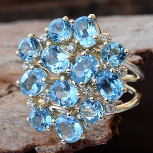 Blue Topaz ring-Gold ring-Anniversary ring-Natural blue topaz-Gold Statement Ring-Blue topaz engagement ring-Art deco ring-Multistone rings image 9