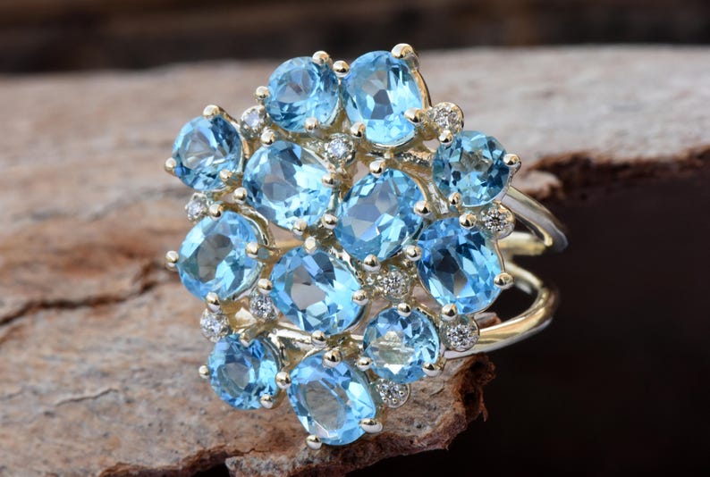 Blue Topaz ring-Gold ring-Anniversary ring-Natural blue topaz-Gold Statement Ring-Blue topaz engagement ring-Art deco ring-Multistone rings image 9