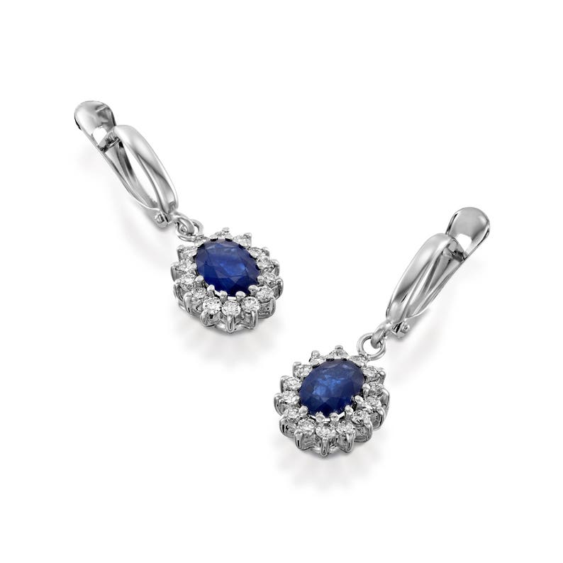 Cluster earrings-Blue Sapphire Earrings-Diamond Earrings with Sapphire-Sapphire Drop Earrings-Women's Jewelry-Vintage earrings-Gift for her image 2