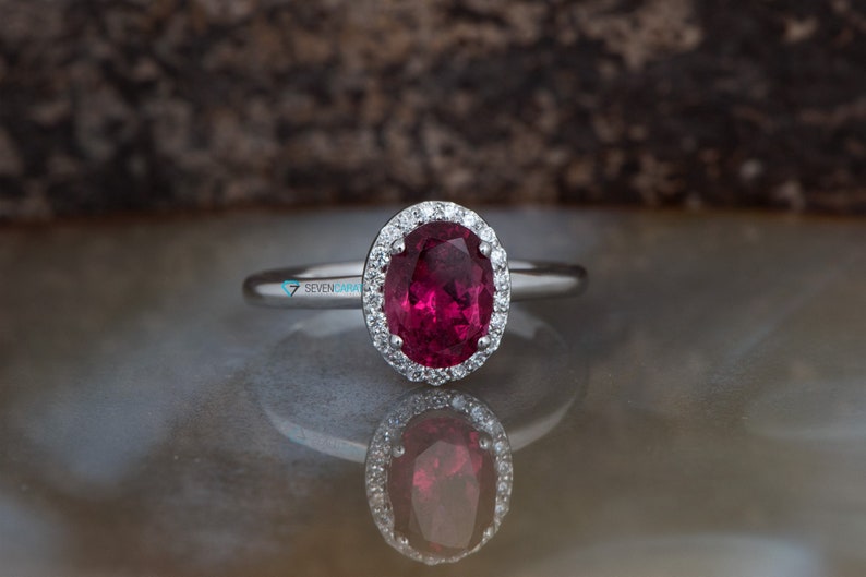 Minimalist Dainty Solid Gold Halo Oval Pink Tourmaline Engagement Ring