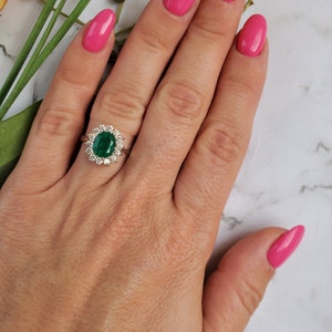 1 carat Green Emerald Engagement Ring-Diamond ring with Emerald-halo emerald ring-Oval cut engagement ring-Diana Ring-vintage emerald ring image 5