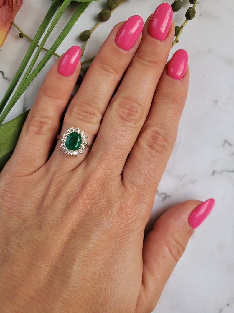 1 carat Green Emerald Engagement Ring-Diamond ring with Emerald-halo emerald ring-Oval cut engagement ring-Diana Ring-vintage emerald ring image 6