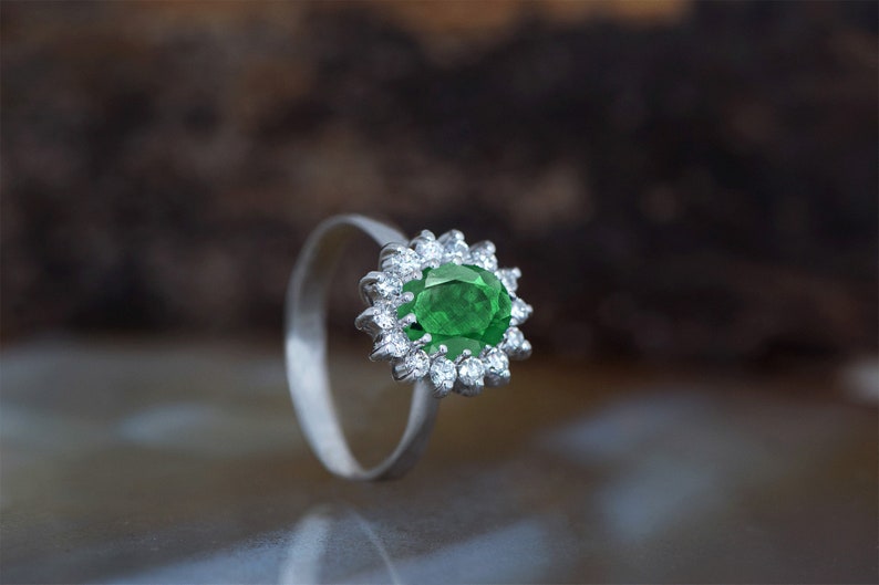 1 carat Green Emerald Engagement Ring-Diamond ring with Emerald-halo emerald ring-Oval cut engagement ring-Diana Ring-vintage emerald ring image 3