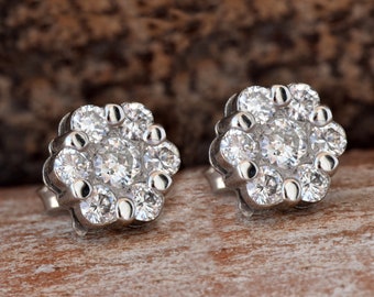 Flower diamond earrings-1.20 carat Gold Diamond Earrings-14K White Gold Earrings-Stud Earrings-Women Jewelry-Birthday present-FREE SHIPPING