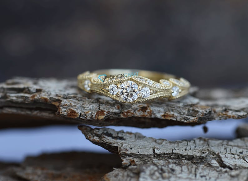 Filigree engagement ring-Diamond Engagement Ring-Gold Ring Promise ring-Art deco ring Bridal Jewelry-Unique diamond ring-Vintage ring image 2