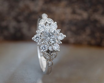 Unique Vintage Style Salt and Pepper Diamond Flower Engagement Ring in Solid Gold, Alternative Promise Ring, Non Traditional Diamond Jewelry