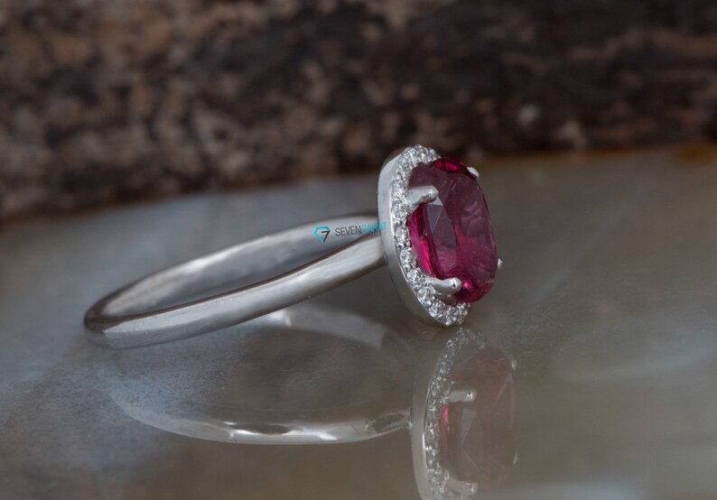 Minimalist Dainty Solid Gold Halo Oval Pink Tourmaline Engagement Ring