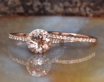 Halo morganite wedding ring set-Diamond engagement ring vintage-Morganite engagement ring rose gold-Halo wedding set-Diamond Matching Band