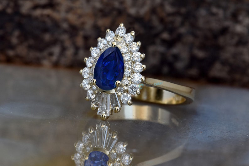 14k Gold Sapphire Ring, Gatsby Ring, Sunburst Ring, Ballerina Ring, Art Deco Diamond Jewelry, Sapphire Diamond Ring, Art Deco Sapphire Ring image 8