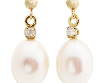 Elegant 14k Solid Yellow Gold Stud Earrings with White Freshwater Pearls & Natural Diamonds, Fancy Bridal Jewelry, Gift For Wife Anniversary