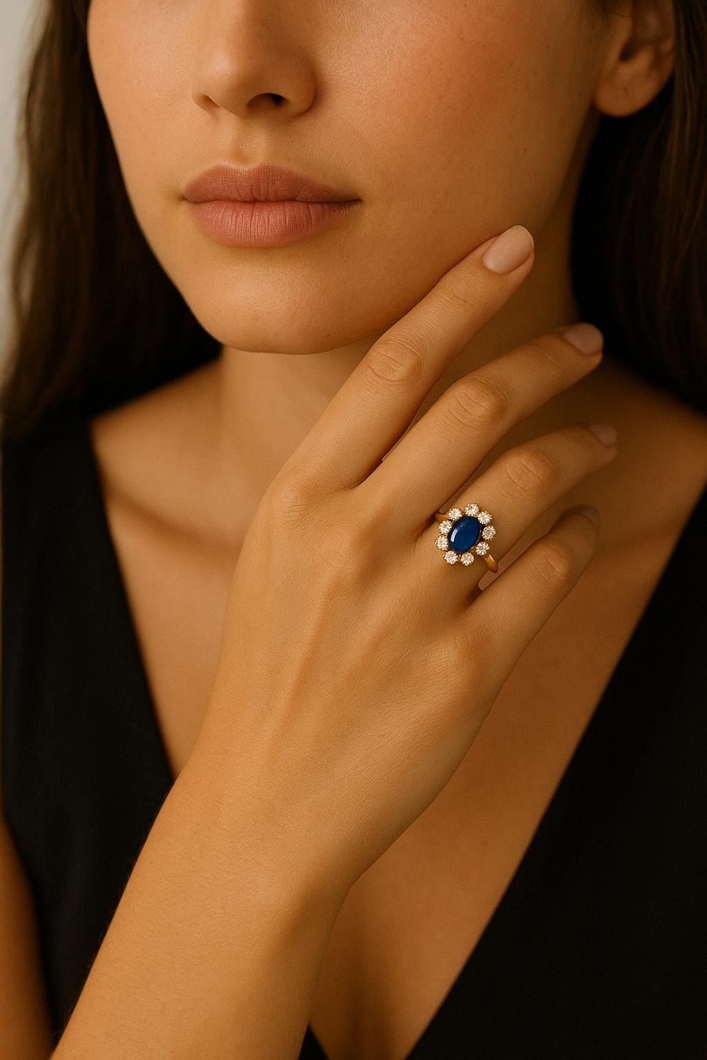 Vintage Blue Sapphire Engagement Ring, Princess Diana Certified Oval Cut 14K/18K Gold Natural Diamond Ring, Royal Promise Ring, Anniversary