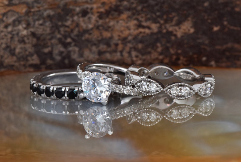 2.60 carat Stacking diamond ring set gold-Black diamond wedding band-Stackable wedding set with diamonds-Eternity band-Art Deco Diamond Band image 2