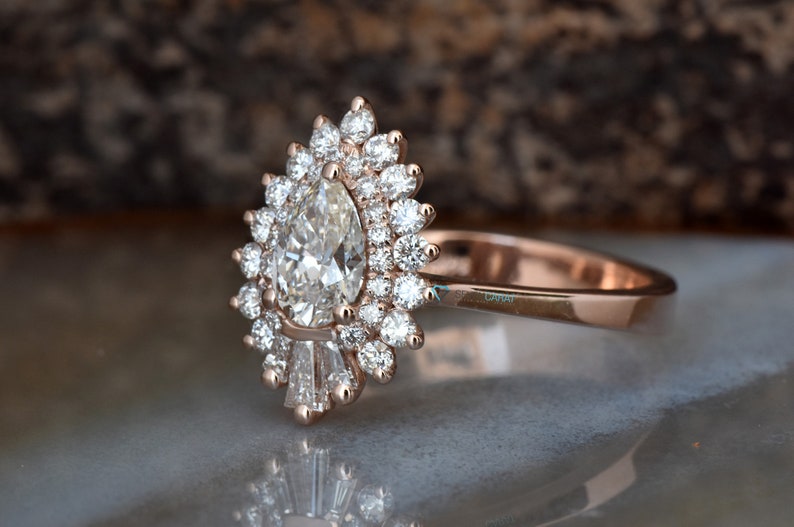 Rose gold engagement ring-1 Carat Diamond vintage ring-Rose gold-Promise ring-Pear shaped diamond engagement ring-Art deco ring-Custom Rings image 2