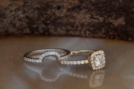 Parure de bague de fiancailles coupe eclatante or blanc bague de promesse parure de mariage art deco alliance de groupe bague de fiancailles coupe coussin Halo Etsy Canada