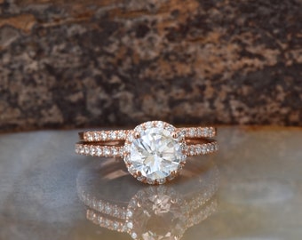 Halo engagement ring rose gold-Cluster wedding ring set-Custom Rings-FREE SHIPPING- Rose gold wedding set