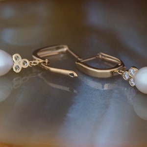 Freshwater Pearl Earrings-14 K Yellow Gold-Bridal Earrings-Pearl dangle earrings-Pearl drop earrings-Diamond & Pearl-anniversary gift image 4