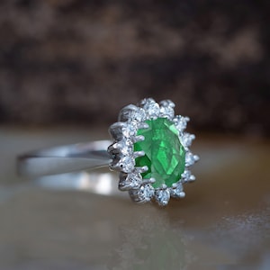 1 carat Green Emerald Engagement Ring-Diamond ring with Emerald-halo emerald ring-Oval cut engagement ring-Diana Ring-vintage emerald ring image 5