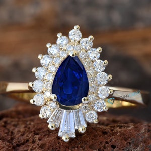 14k Gold Sapphire Ring, Gatsby Ring, Sunburst Ring, Ballerina Ring, Art Deco Diamond Jewelry, Sapphire Diamond Ring, Art Deco Sapphire Ring image 2