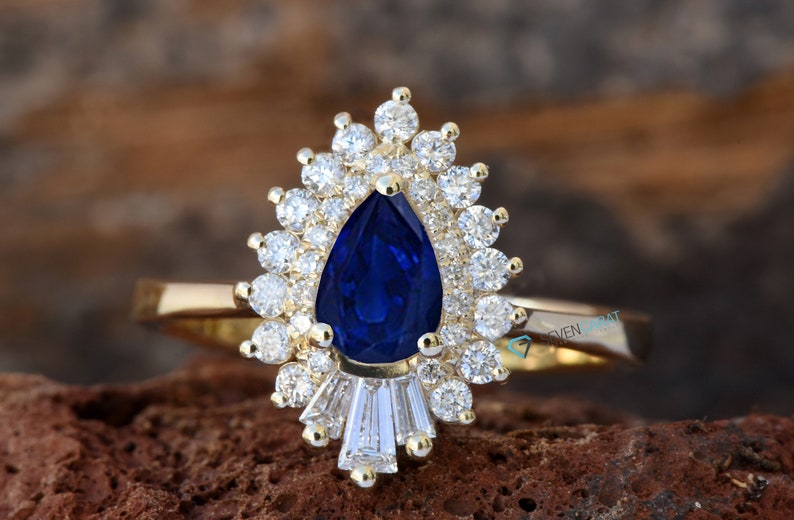 14k Gold Sapphire Ring, Gatsby Ring, Sunburst Ring, Ballerina Ring, Art Deco Diamond Jewelry, Sapphire Diamond Ring, Art Deco Sapphire Ring image 2