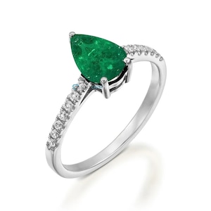 Dainty Minimalist Pear Real Emerald Ring, Solid Gold Pear Green Emerald Gemstone Engagement Ring with Natural Diamond Accents, Promise Ring