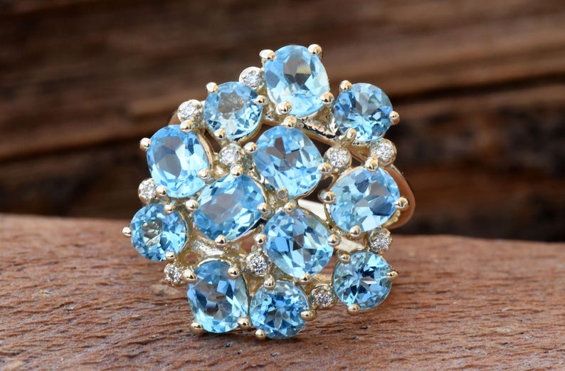 Blue Topaz ring-Gold ring-Anniversary ring-Natural blue topaz-Gold Statement Ring-Blue topaz engagement ring-Art deco ring-Multistone rings image 2