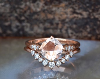 Wedding sets women rings-Rose gold Morganite Cluster wedding ring set-Gold ring-Promise ring-Morganite wedding set-Morganite halo ring