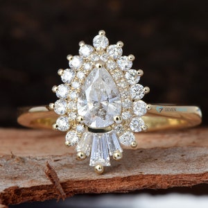 1 Carat Diamond engagement ring vintage-14K Yellow Gold-Promise ring-Pear shaped diamond engagement ring-Baguette diamond ring-Art deco ring image 3