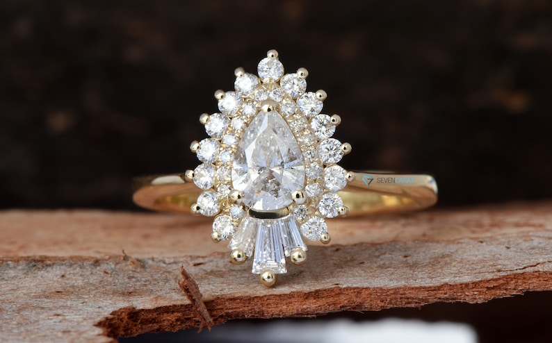 1 Carat Diamond engagement ring vintage-14K Yellow Gold-Promise ring-Pear shaped diamond engagement ring-Baguette diamond ring-Art deco ring image 3
