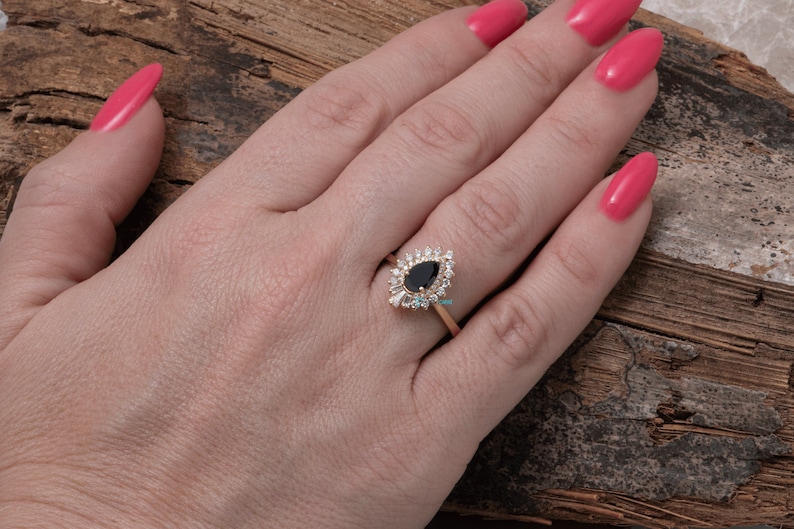 Black Diamond Engagement Ring, Gatsby Ring, Vintage Style Engagement Ring, Black Diamond Jewelry, Teardrop Engagement Ring, Art Deco image 2