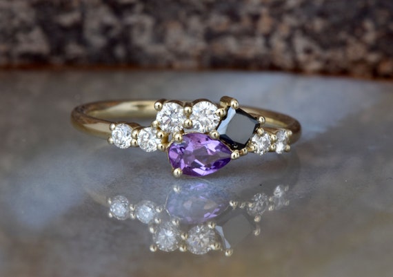Alexandrite Black Gold Flower Engagement Ring│Vidar Boutique