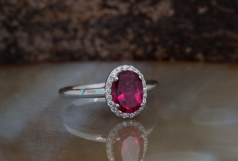Minimalist Dainty Solid Gold Halo Oval Pink Tourmaline Engagement Ring