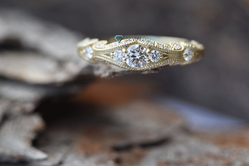 Filigree engagement ring-Diamond Engagement Ring-Gold Ring Promise ring-Art deco ring Bridal Jewelry-Unique diamond ring-Vintage ring image 6