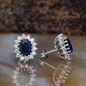 Sapphire stud earrings-Sapphire halo earring-Blue Sapphire Earrings-Diamond Earrings with Sapphire-genuine sapphire earrings-oval sapphire