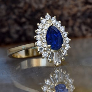 14k Gold Sapphire Ring, Gatsby Ring, Sunburst Ring, Ballerina Ring, Art Deco Diamond Jewelry, Sapphire Diamond Ring, Art Deco Sapphire Ring image 4