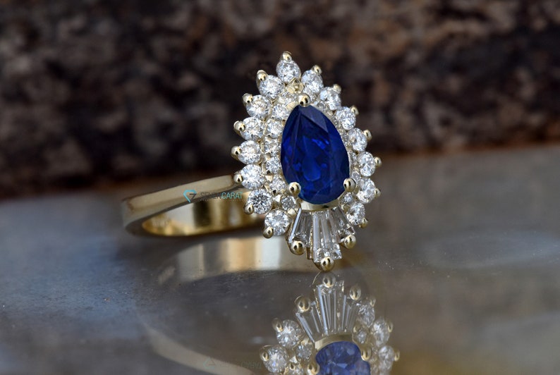 14k Gold Sapphire Ring, Gatsby Ring, Sunburst Ring, Ballerina Ring, Art Deco Diamond Jewelry, Sapphire Diamond Ring, Art Deco Sapphire Ring image 4