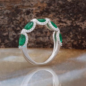 Elegant Micro Pave Half Eternity Solid Gold Engagement Ring with Oval Green Emerald Gemstones and Natural Diamonds, Emerald Diamond Ring