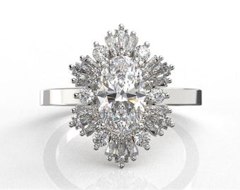 14k White Gold 3 Carat Diamond Engagement Ring, Vintage Style Gatsby Halo Lab Diamond Ring, Estate Diamond Jewelry, Fancy Anniversary Ring