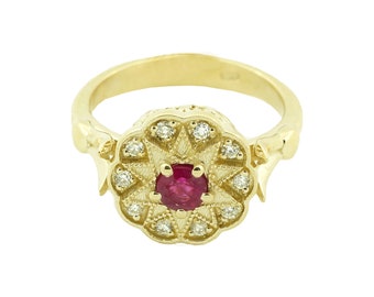 Anillo de diamantes de rubí, anillo de compromiso de flores, anillo de compromiso de rubí, joyería de diamantes Art Déco, anillo de flores de rubí, anillo de flores de oro de 14 k, elegante