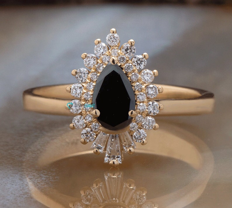 Black Diamond Engagement Ring, Gatsby Ring, Vintage Style Engagement Ring, Black Diamond Jewelry, Teardrop Engagement Ring, Art Deco image 1