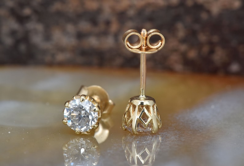 1 ct Diamond Earrings-Yellow Gold Earrings-Diamond Stud Earrings-Diamond earrings for women-Round diamond earrings-Anniversary present image 2