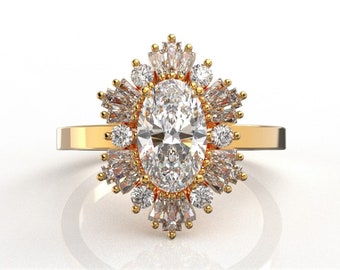 Stunning Oval Lab Diamond Engagement Ring, Vintage Style Gatsby Solid Gold Halo 3 Carat Diamond Ring, Elegant Diamond Jewelry, Anniversary