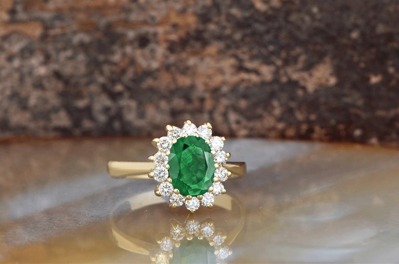 1 carat Green Emerald Engagement Ring-Diamond ring with Emerald-halo emerald ring-Oval cut engagement ring-Diana Ring-vintage emerald ring image 1