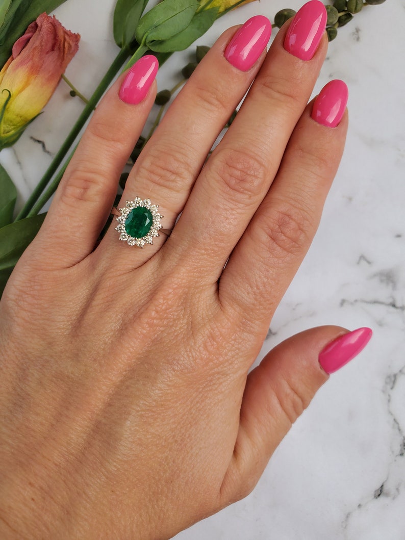 1 carat Green Emerald Engagement Ring-Diamond ring with Emerald-halo emerald ring-Oval cut engagement ring-Diana Ring-vintage emerald ring image 6