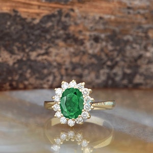 1 carat Green Emerald Engagement Ring-Diamond ring with Emerald-halo emerald ring-Oval cut engagement ring-Diana Ring-vintage emerald ring image 7