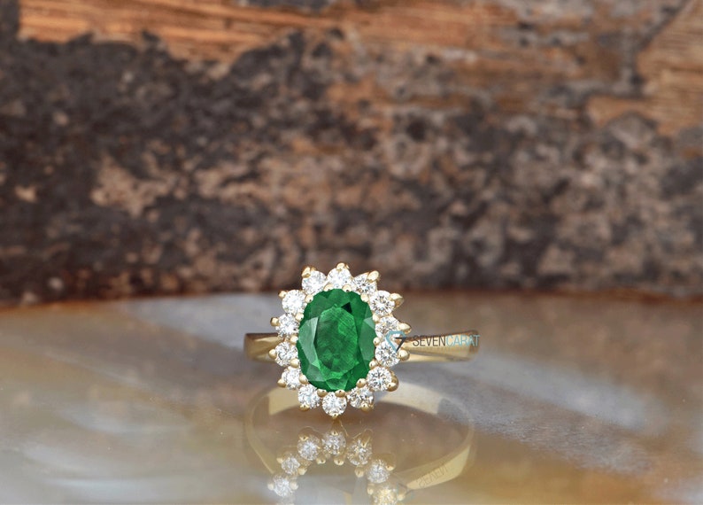 1 carat Green Emerald Engagement Ring-Diamond ring with Emerald-halo emerald ring-Oval cut engagement ring-Diana Ring-vintage emerald ring image 7
