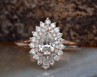 1 1/2 kt vintage diamanten ring-Belofte ring-Peervormige verlovingsring-Baguette diamanten ring-Art deco ring-Massief gouden ring-Prinses ring